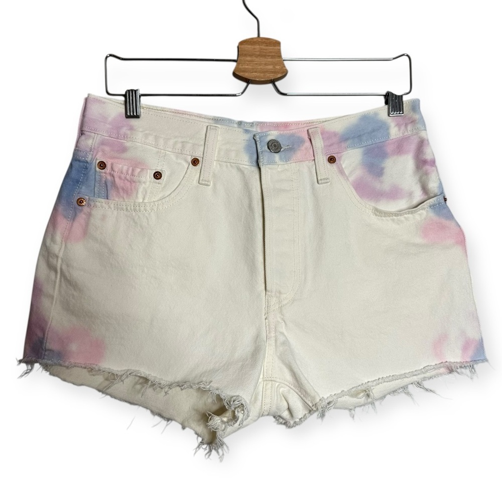 Levi's 501 Cut-Off Denim Shorts in White Pastel Tie-Dye Size 29
